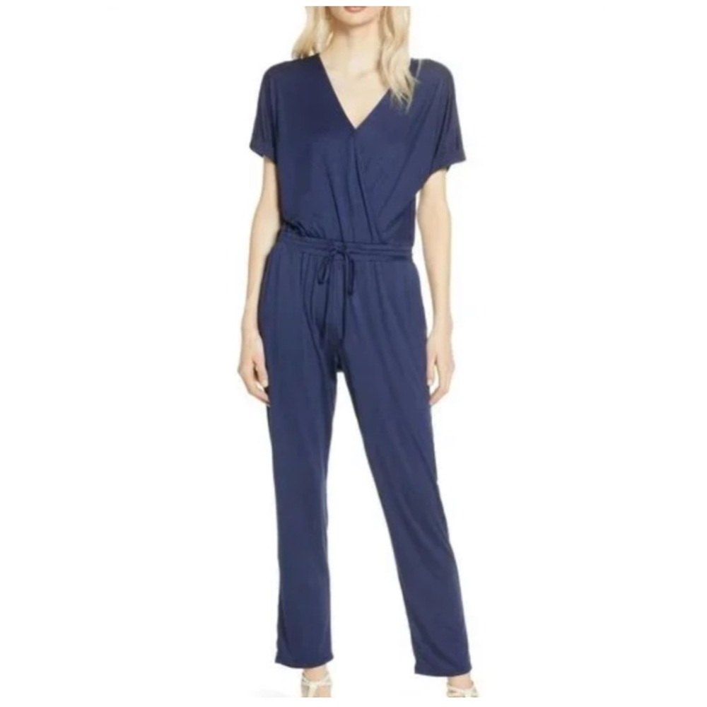 Chelsea 28 Chic Blue Ankle Jumpsuit with Wrap V-Neck and Tie Waist